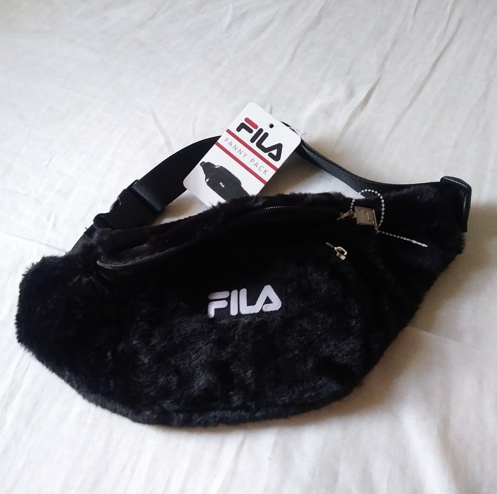FILA Black Plush Faux Fur Fanny Pack